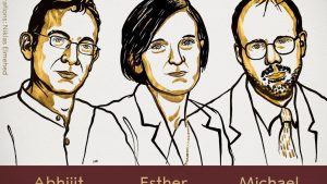 La foto mostra i tre economisti che hanno vinto il premio nobel per l'economia