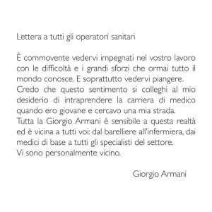 Lettera di Giorgio Armani agli operatori sanitari