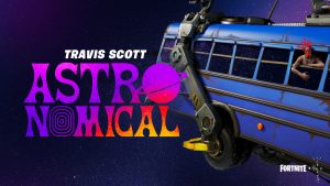 Immagine promozionale dell'evento "Astronimical" di Travis Scott sull'isola di Fortnite, con un autobus accanto